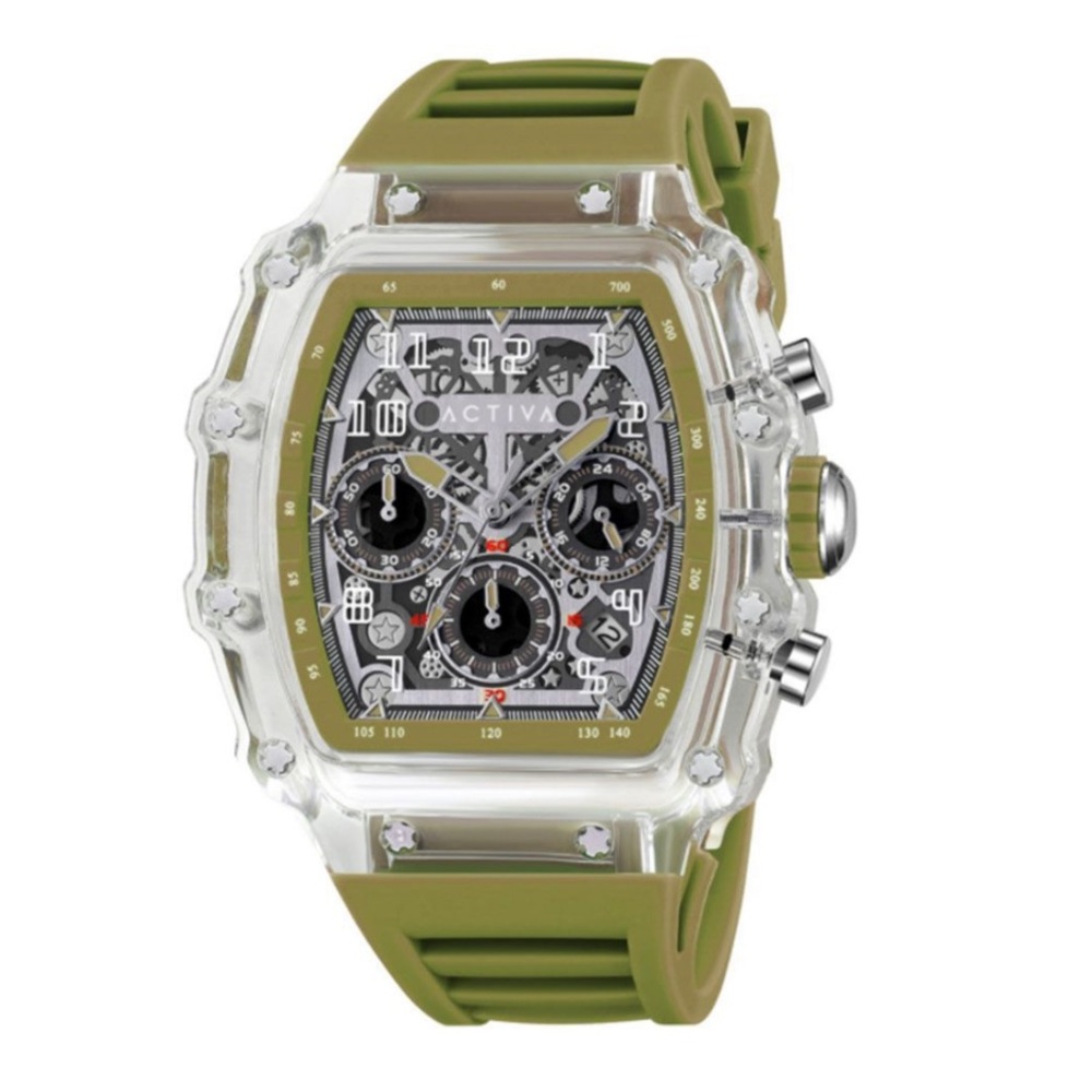 Ativa Olive Green Silicone Chronograph Watch with Clear Case